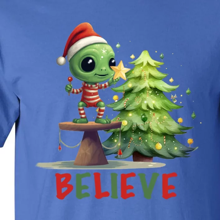 Fun Christmas Alien Believe In Magic Star Tree Holidays Gift Tall T-Shirt