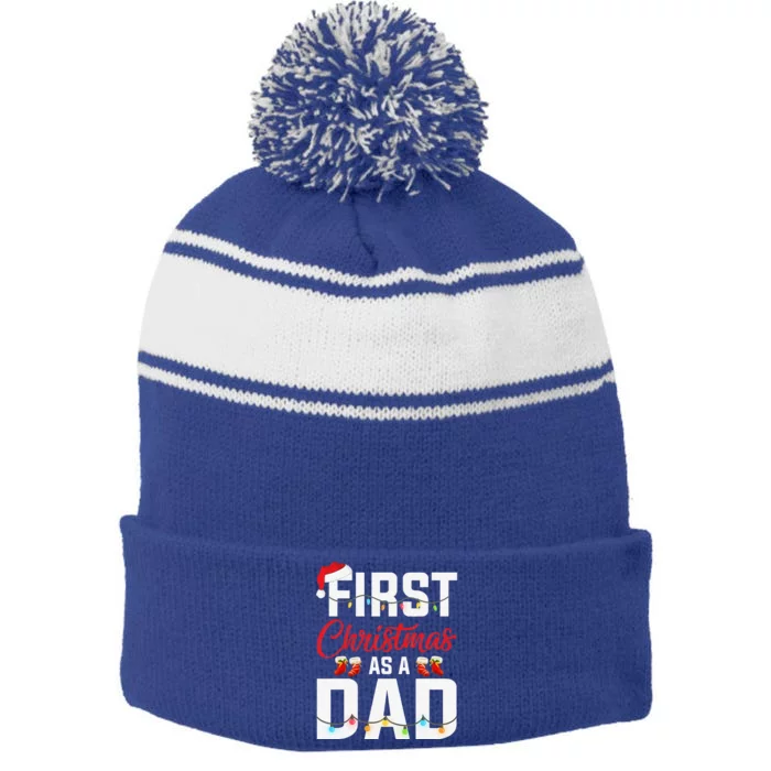 First Christmas As A Dad Xmas Lights New Dad Christmas Stripe Pom Pom Beanie