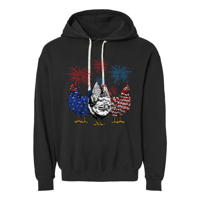 Funny Chickens American Flag Patriotic Farmer 4th Of July Garment-Dyed Fleece Hoodie