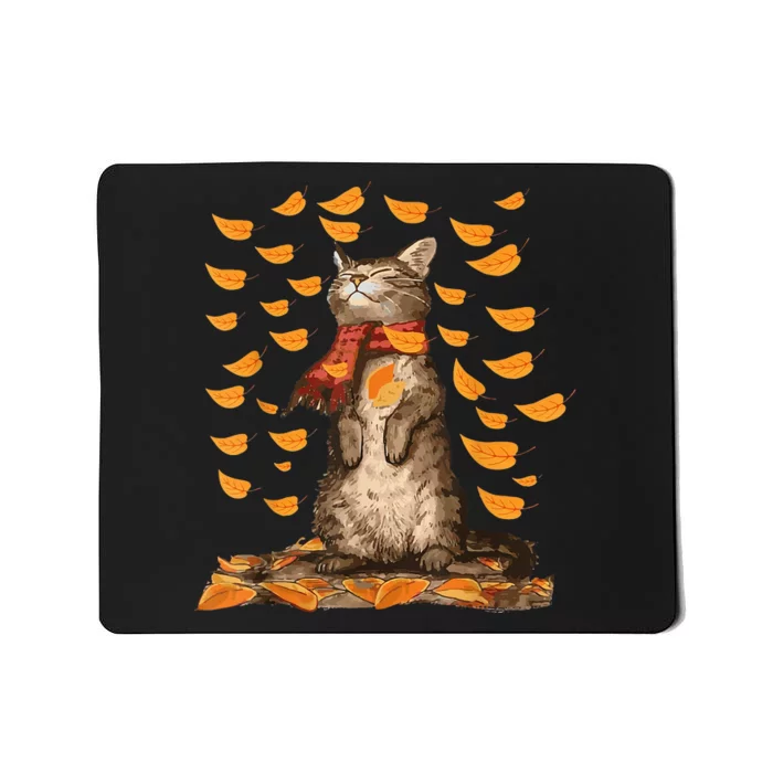 Funny Cat Autumn Leaves Happy Fall Y'all Thanksgiving Retro Mousepad