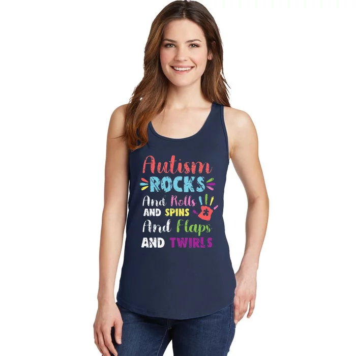 Fun Cute Autism Rocks Rolls Spins Flaps & Twirls Design Ladies Essential Tank