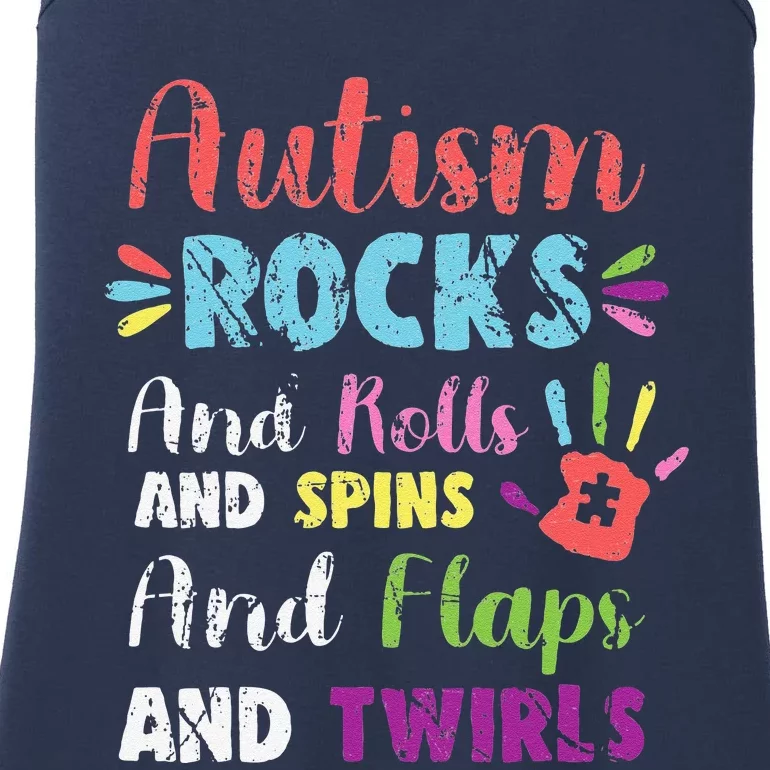 Fun Cute Autism Rocks Rolls Spins Flaps & Twirls Design Ladies Essential Tank