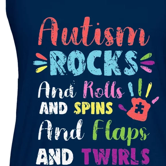 Fun Cute Autism Rocks Rolls Spins Flaps & Twirls Design Ladies Essential Flowy Tank