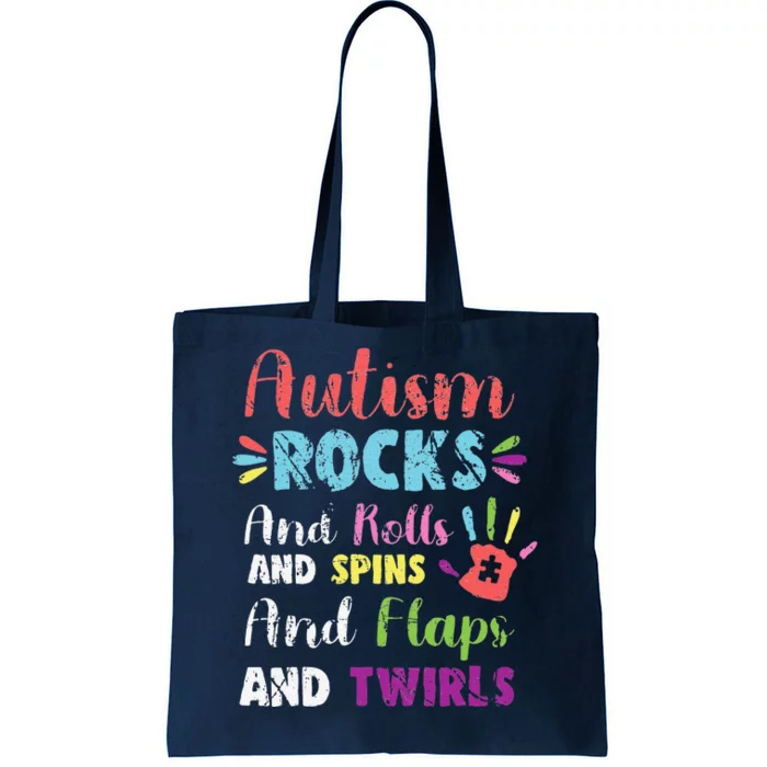 Fun Cute Autism Rocks Rolls Spins Flaps & Twirls Design Tote Bag