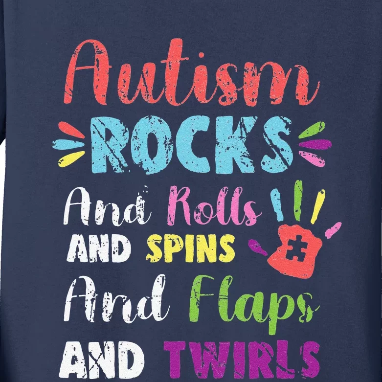 Fun Cute Autism Rocks Rolls Spins Flaps & Twirls Design Kids Long Sleeve Shirt