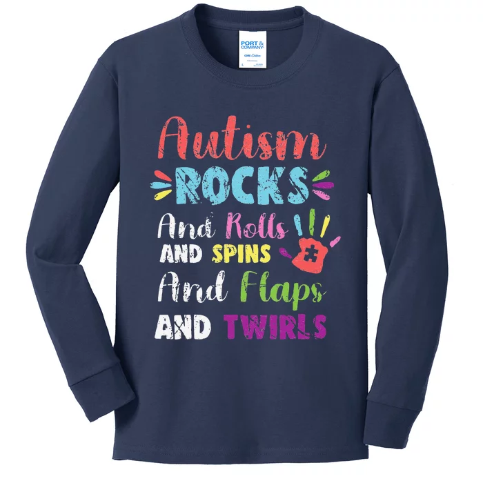 Fun Cute Autism Rocks Rolls Spins Flaps & Twirls Design Kids Long Sleeve Shirt