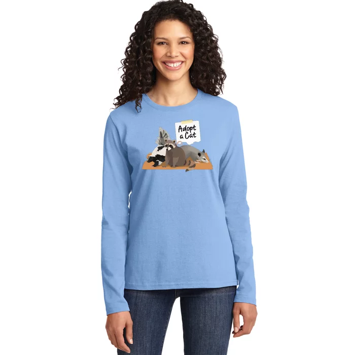 Funny Cute Adopt A Cat Skunk Raccoon Opossum Ladies Long Sleeve Shirt