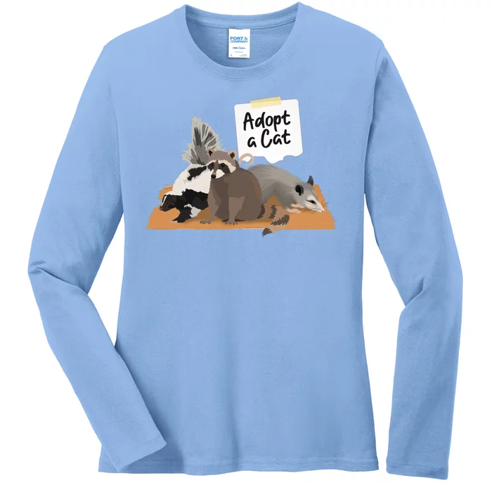 Funny Cute Adopt A Cat Skunk Raccoon Opossum Ladies Long Sleeve Shirt