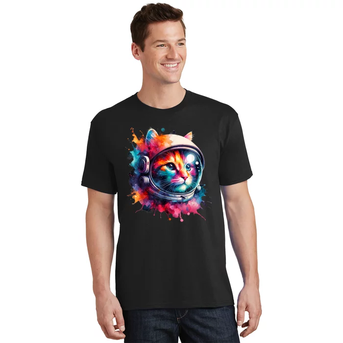 Funny Cat Astronaut Outer Space Watercolor Splash Cat Lover T-Shirt