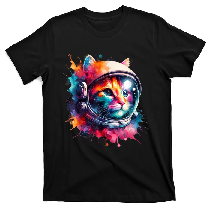 Funny Cat Astronaut Outer Space Watercolor Splash Cat Lover T-Shirt