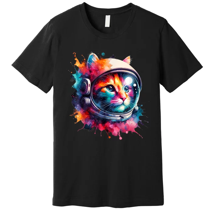 Funny Cat Astronaut Outer Space Watercolor Splash Cat Lover Premium T-Shirt