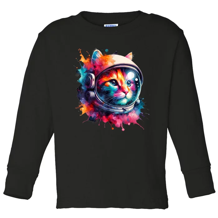 Funny Cat Astronaut Outer Space Watercolor Splash Cat Lover Toddler Long Sleeve Shirt