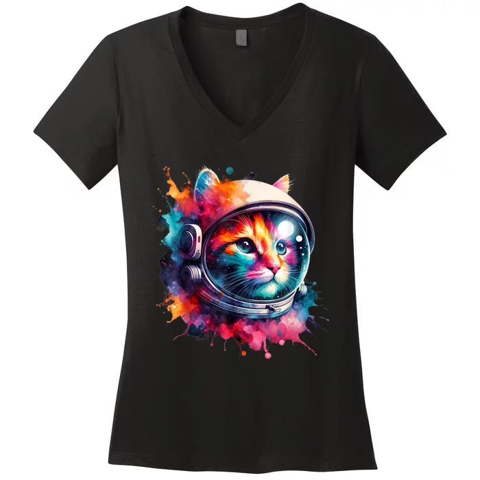 Funny Cat Astronaut Outer Space Watercolor Splash Cat Lover Women's V-Neck T-Shirt