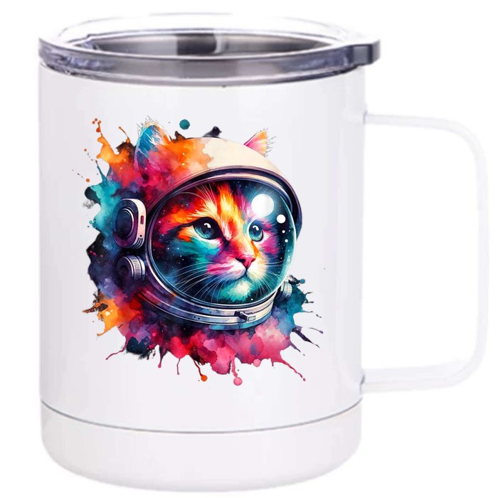 Funny Cat Astronaut Outer Space Watercolor Splash Cat Lover Front & Back 12oz Stainless Steel Tumbler Cup