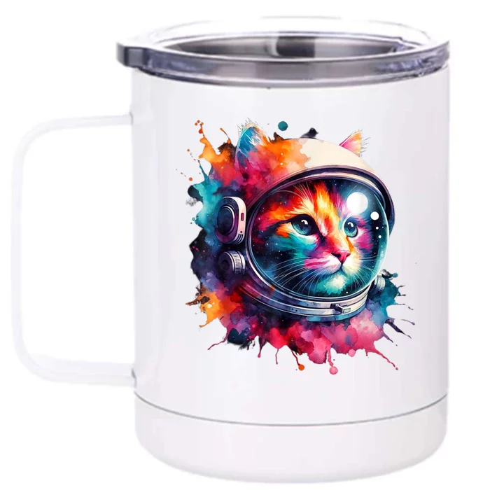 Funny Cat Astronaut Outer Space Watercolor Splash Cat Lover Front & Back 12oz Stainless Steel Tumbler Cup