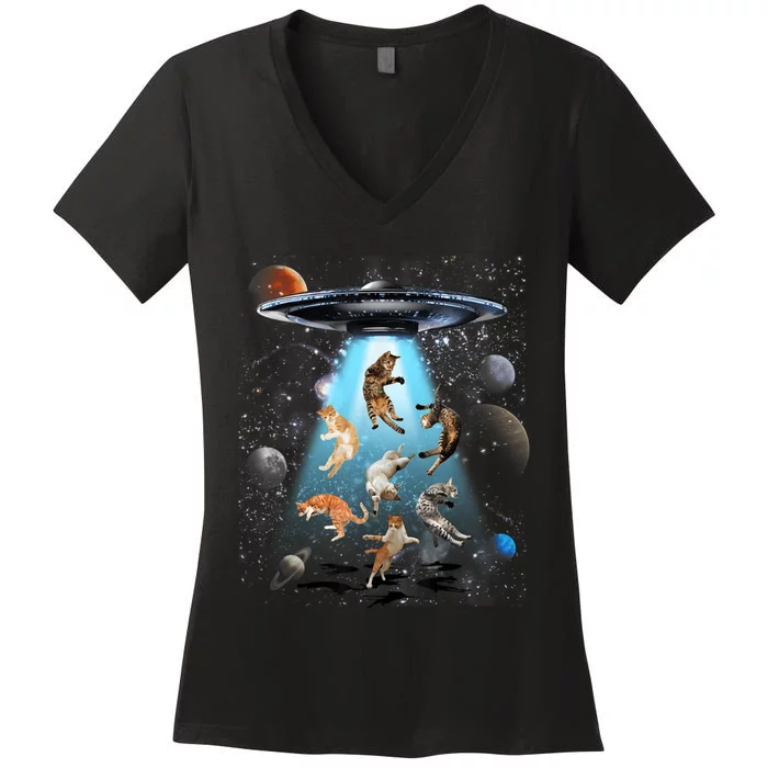 Funny Cat Astronaut Outer Space Watercolor Splash Cat Lover Women's V-Neck T-Shirt