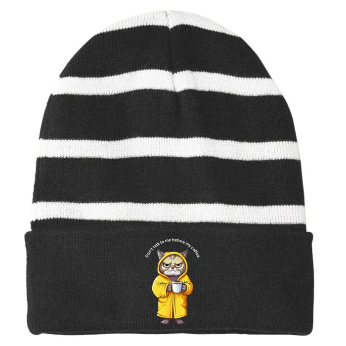 Funny Cats and Morning Coffee Striped Beanie with Solid Band