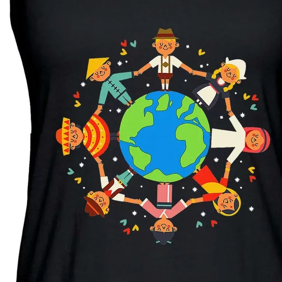 Funny Children Around The World Earth Day Ladies Essential Flowy Tank