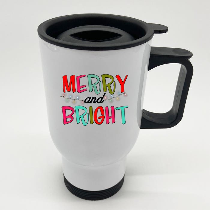 Funny Christmas Apparel Merry & Bright Christmas Lights Front & Back Stainless Steel Travel Mug