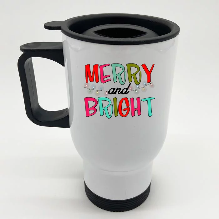 Funny Christmas Apparel Merry & Bright Christmas Lights Front & Back Stainless Steel Travel Mug