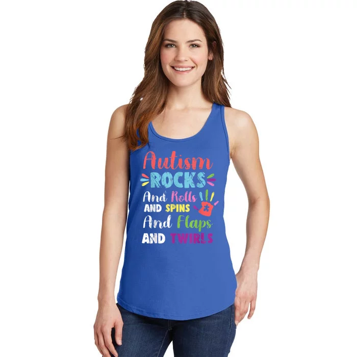 Fun Cute Autism Rocks Rolls Spins Flaps & Twirls Ladies Essential Tank