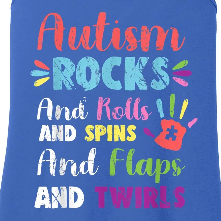 Fun Cute Autism Rocks Rolls Spins Flaps & Twirls Ladies Essential Tank