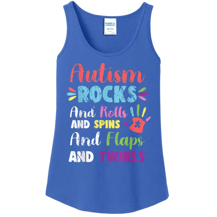 Fun Cute Autism Rocks Rolls Spins Flaps & Twirls Ladies Essential Tank