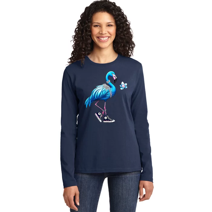 Flamingo Chucks And Pearls Kamala Harris 2024 Ladies Long Sleeve Shirt