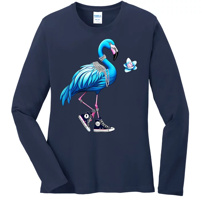 Flamingo Chucks And Pearls Kamala Harris 2024 Ladies Long Sleeve Shirt