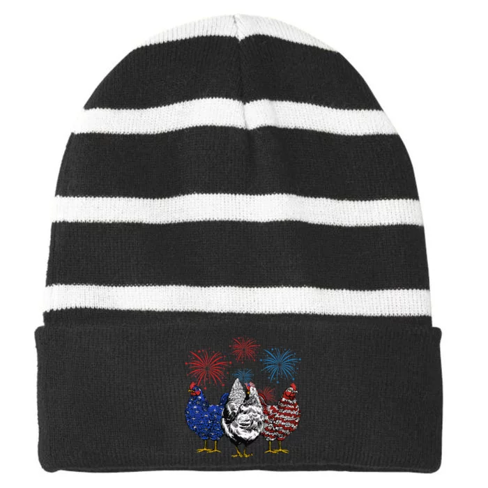 Funny Chickens American Flag Patriotic Farmer 4th Of July Striped Beanie with Solid Band