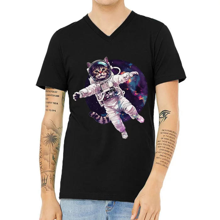 Funny Cat Astronaut In Space Gift V-Neck T-Shirt