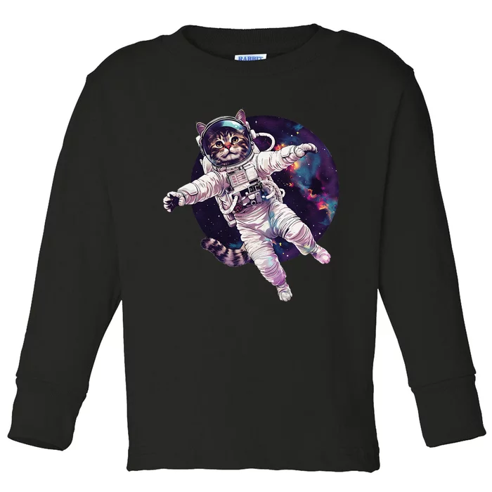 Funny Cat Astronaut In Space Gift Toddler Long Sleeve Shirt