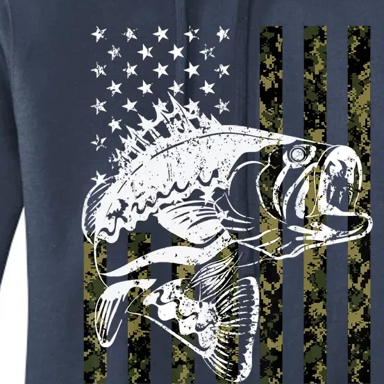 Fishing, Camouflage American Flag Fish, Bass Fish Fisherman Fishing Shirt Women's Pullover Hoodie