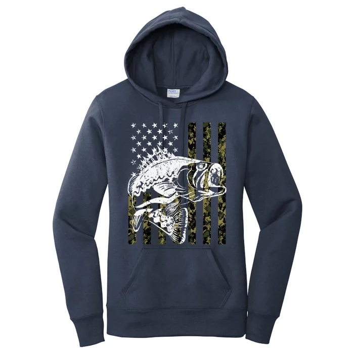 Fishing, Camouflage American Flag Fish, Bass Fish Fisherman Fishing Shirt Women's Pullover Hoodie