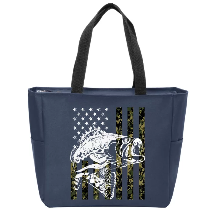 Fishing, Camouflage American Flag Fish, Bass Fish Fisherman Fishing Shirt Zip Tote Bag