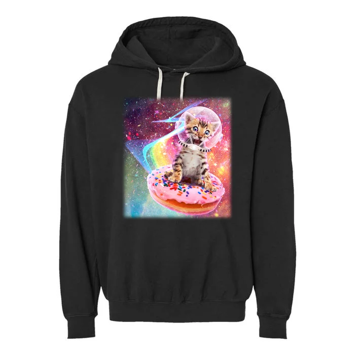 Funny Cute Astronaut Kitty On Rainbow Sprinkle Donut With Galaxy Background Garment-Dyed Fleece Hoodie