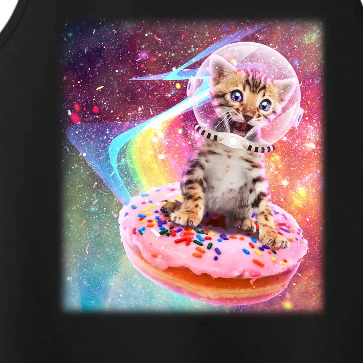 Funny Cute Astronaut Kitty On Rainbow Sprinkle Donut With Galaxy Background Performance Tank