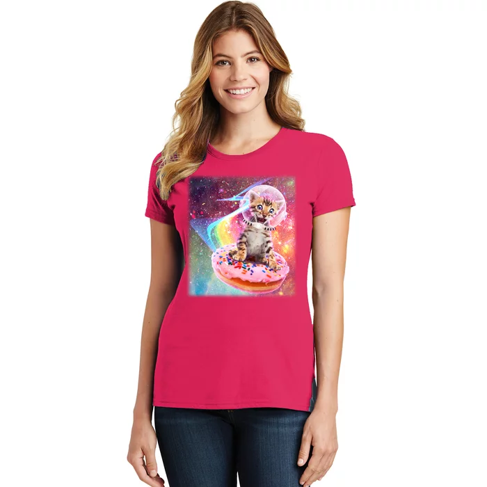 Funny Cute Astronaut Kitty On Rainbow Sprinkle Donut With Galaxy Background Women's T-Shirt