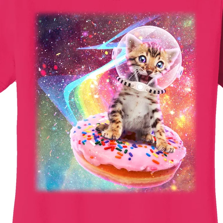 Funny Cute Astronaut Kitty On Rainbow Sprinkle Donut With Galaxy Background Women's T-Shirt