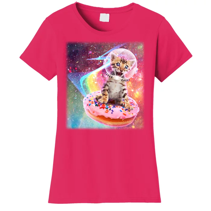 Funny Cute Astronaut Kitty On Rainbow Sprinkle Donut With Galaxy Background Women's T-Shirt