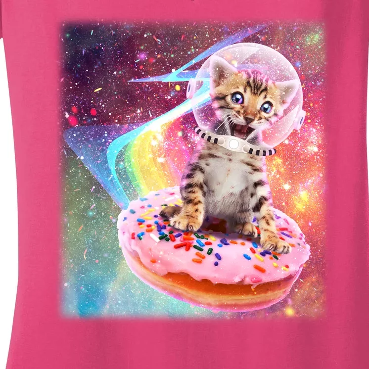 Funny Cute Astronaut Kitty On Rainbow Sprinkle Donut With Galaxy Background Women's V-Neck T-Shirt