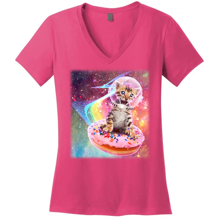 Funny Cute Astronaut Kitty On Rainbow Sprinkle Donut With Galaxy Background Women's V-Neck T-Shirt