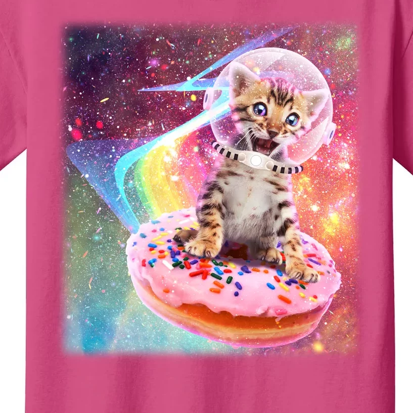 Funny Cute Astronaut Kitty On Rainbow Sprinkle Donut With Galaxy Background Kids T-Shirt