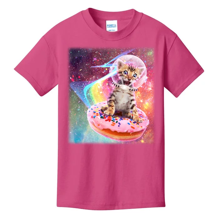 Funny Cute Astronaut Kitty On Rainbow Sprinkle Donut With Galaxy Background Kids T-Shirt