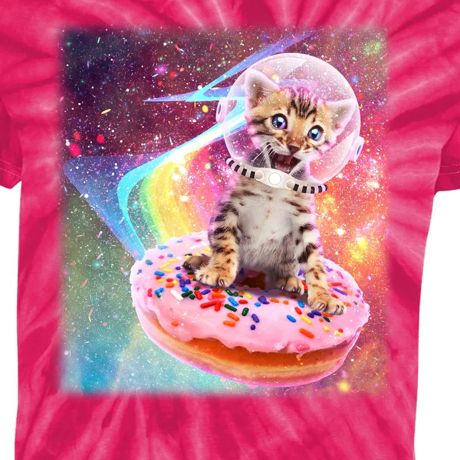 Funny Cute Astronaut Kitty On Rainbow Sprinkle Donut With Galaxy Background Kids Tie-Dye T-Shirt