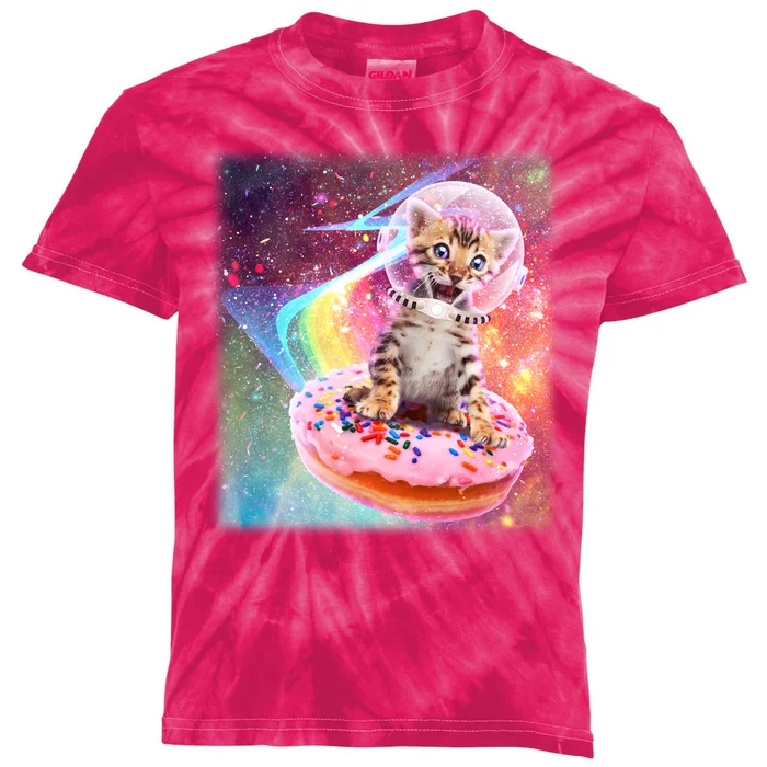 Funny Cute Astronaut Kitty On Rainbow Sprinkle Donut With Galaxy Background Kids Tie-Dye T-Shirt