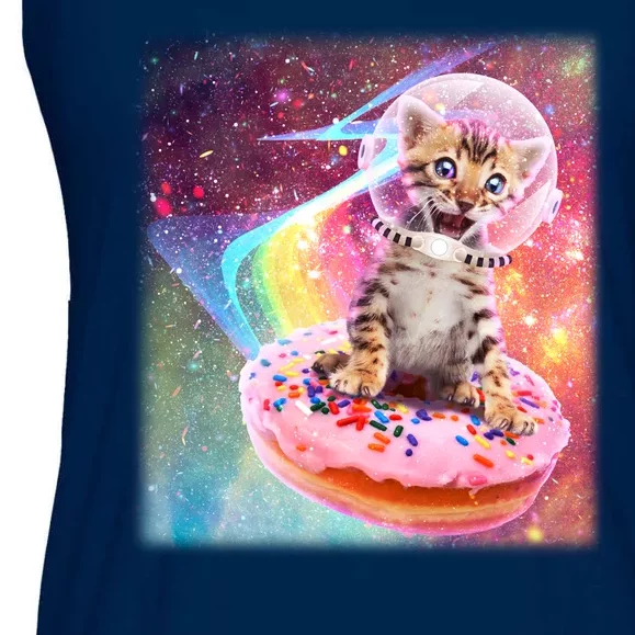 Funny Cute Astronaut Kitty On Rainbow Sprinkle Donut With Galaxy Background Ladies Essential Flowy Tank