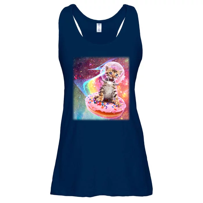 Funny Cute Astronaut Kitty On Rainbow Sprinkle Donut With Galaxy Background Ladies Essential Flowy Tank