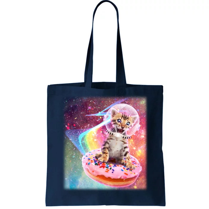 Funny Cute Astronaut Kitty On Rainbow Sprinkle Donut With Galaxy Background Tote Bag