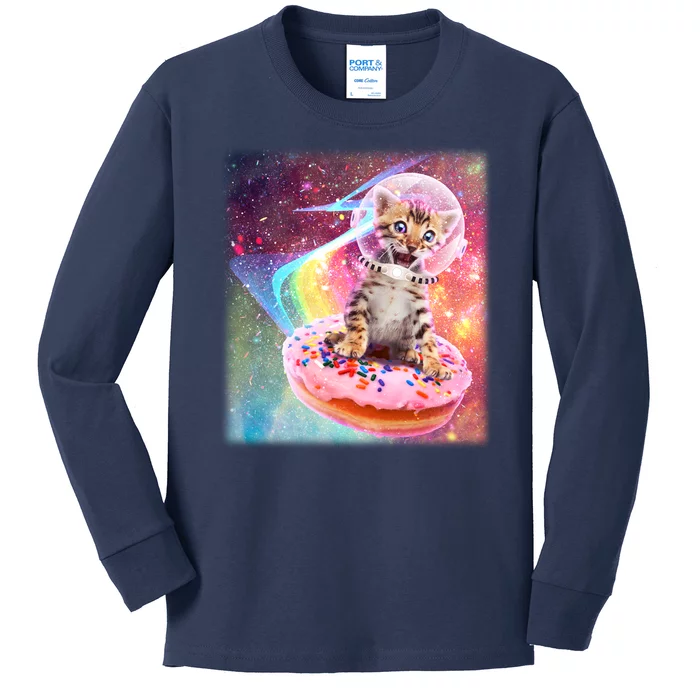 Funny Cute Astronaut Kitty On Rainbow Sprinkle Donut With Galaxy Background Kids Long Sleeve Shirt